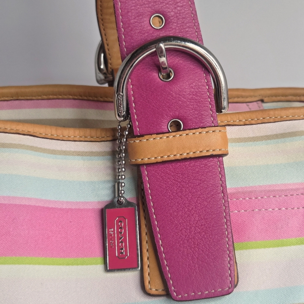 Coach Y2K Hamptons Pastel Striped Canvas & Leather Oversized Tote Bag #5177 - Picture 4 of 11